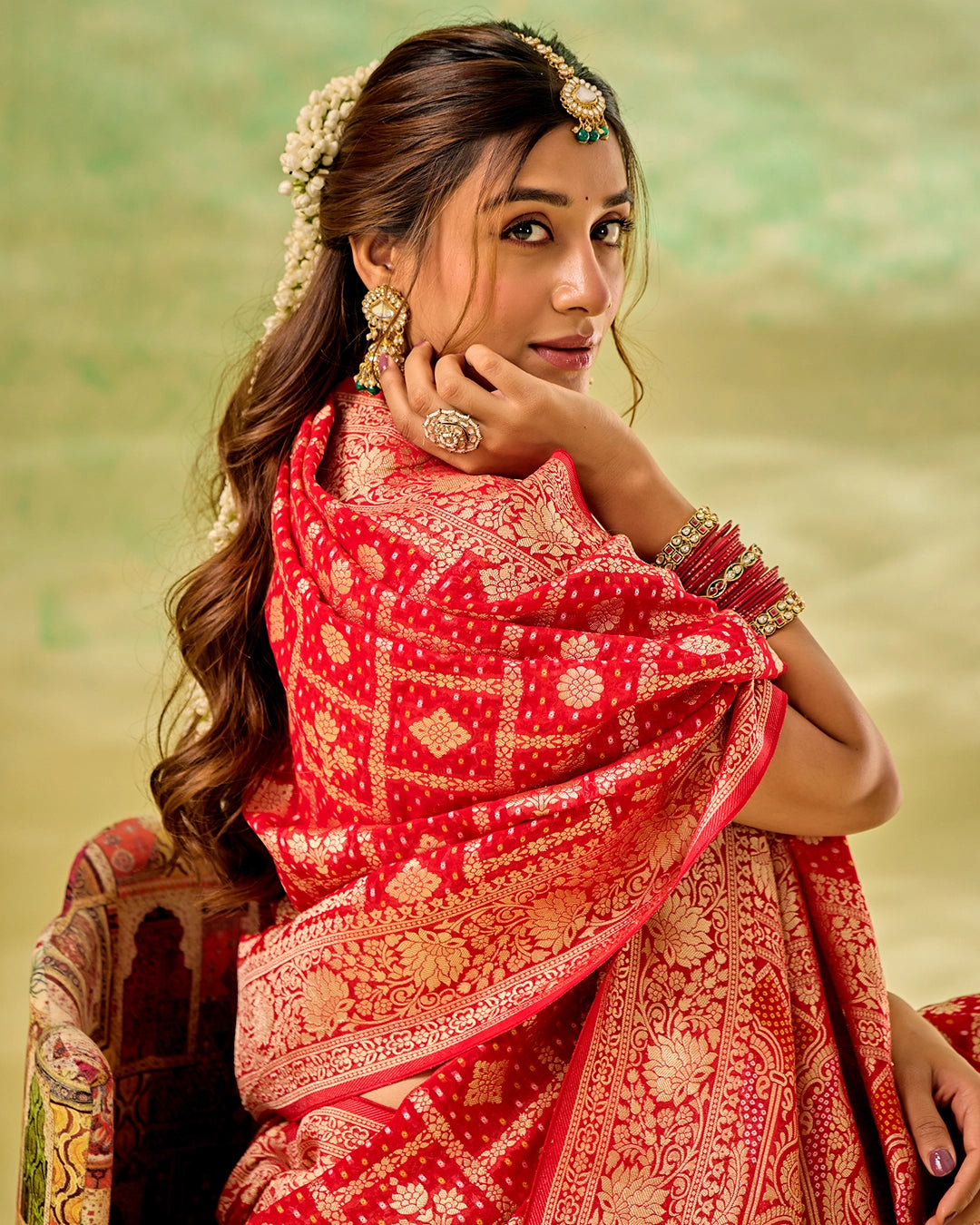 Red Khaddi Georgette Bandhej Saree with Regal Geometric Weaves