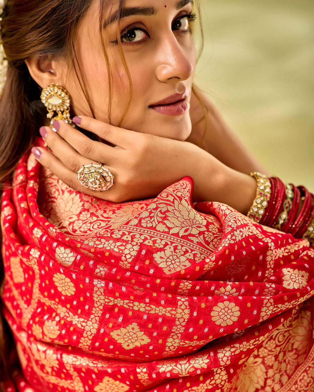 Red Khaddi Georgette Bandhej Saree with Regal Geometric Weaves