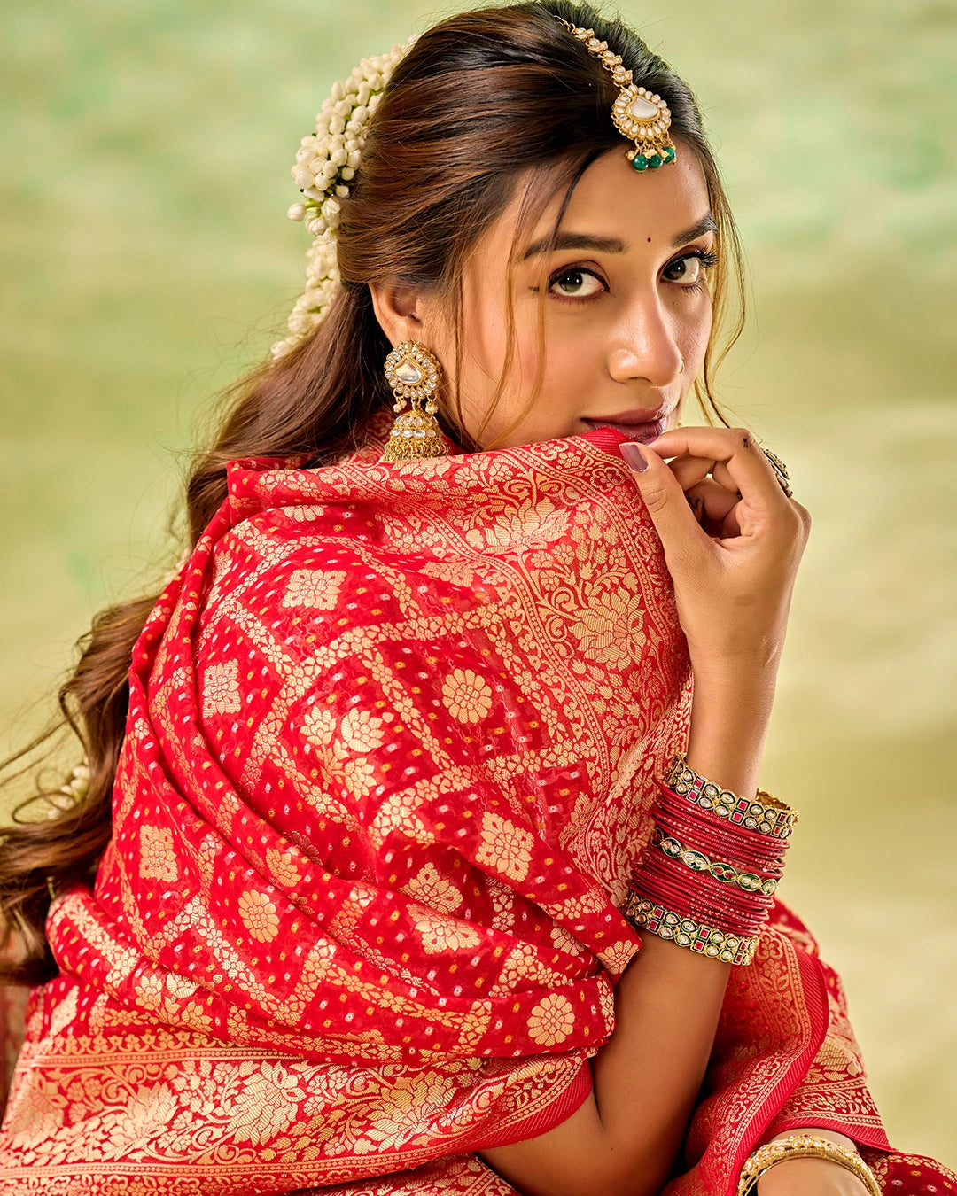 Red Khaddi Georgette Bandhej Saree with Regal Geometric Weaves