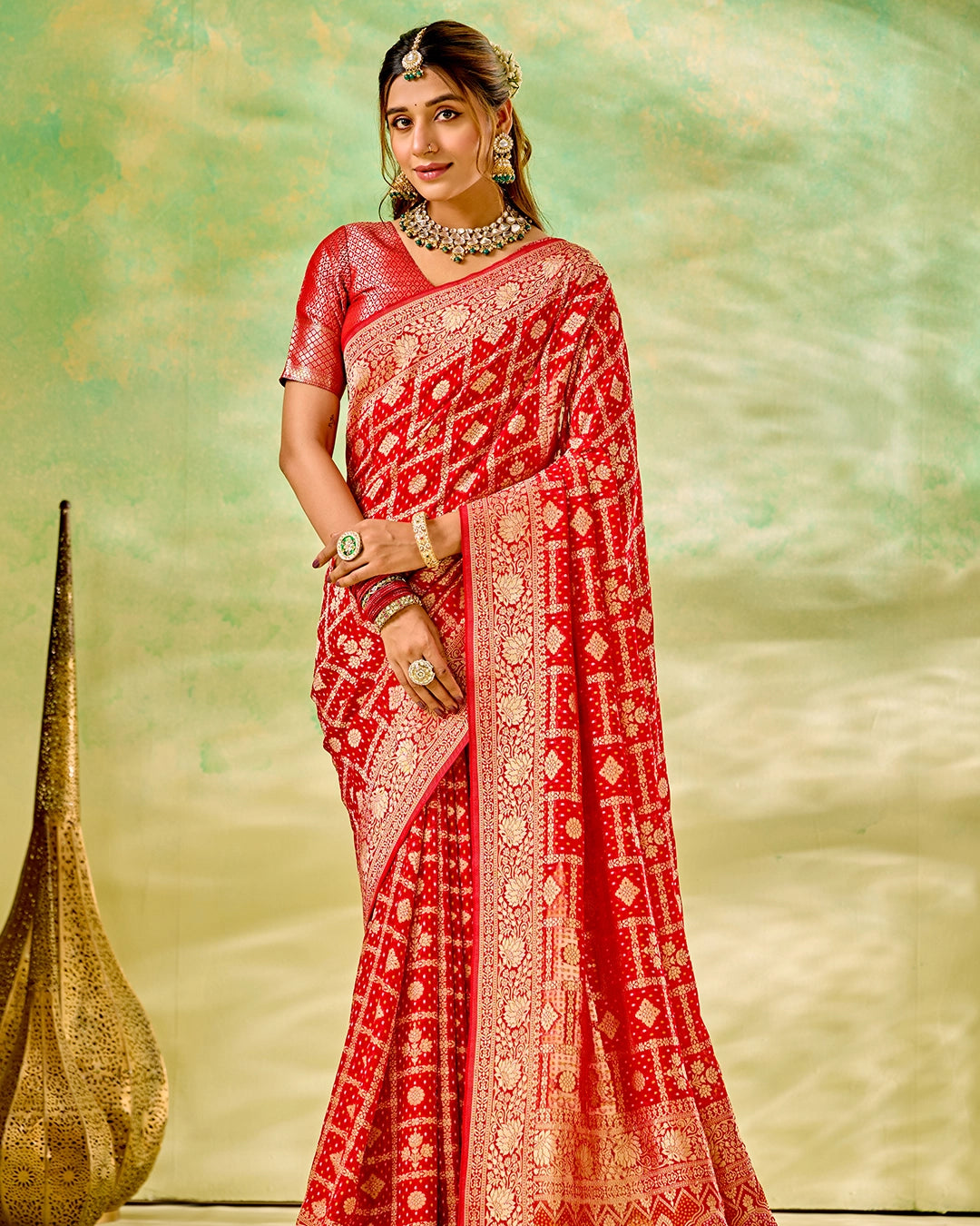 Red Khaddi Georgette Bandhej Saree with Regal Geometric Weaves