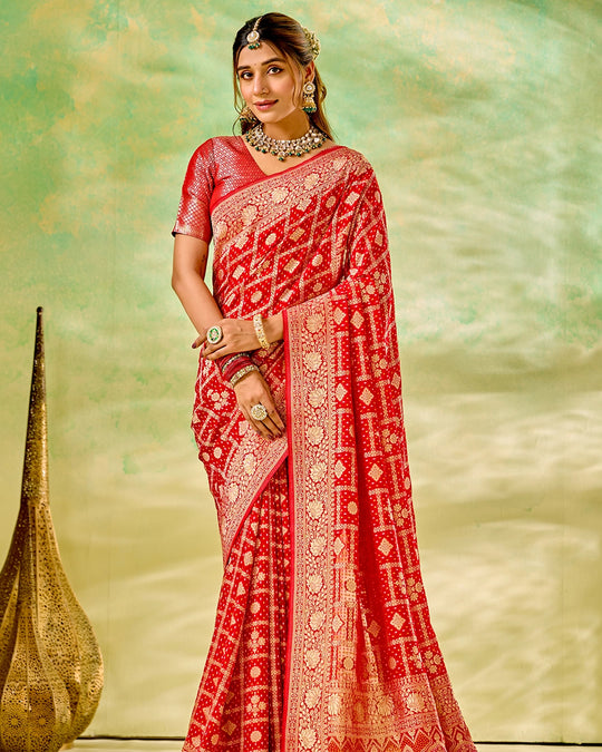 Red Khaddi Georgette Bandhej Saree with Regal Geometric Weaves