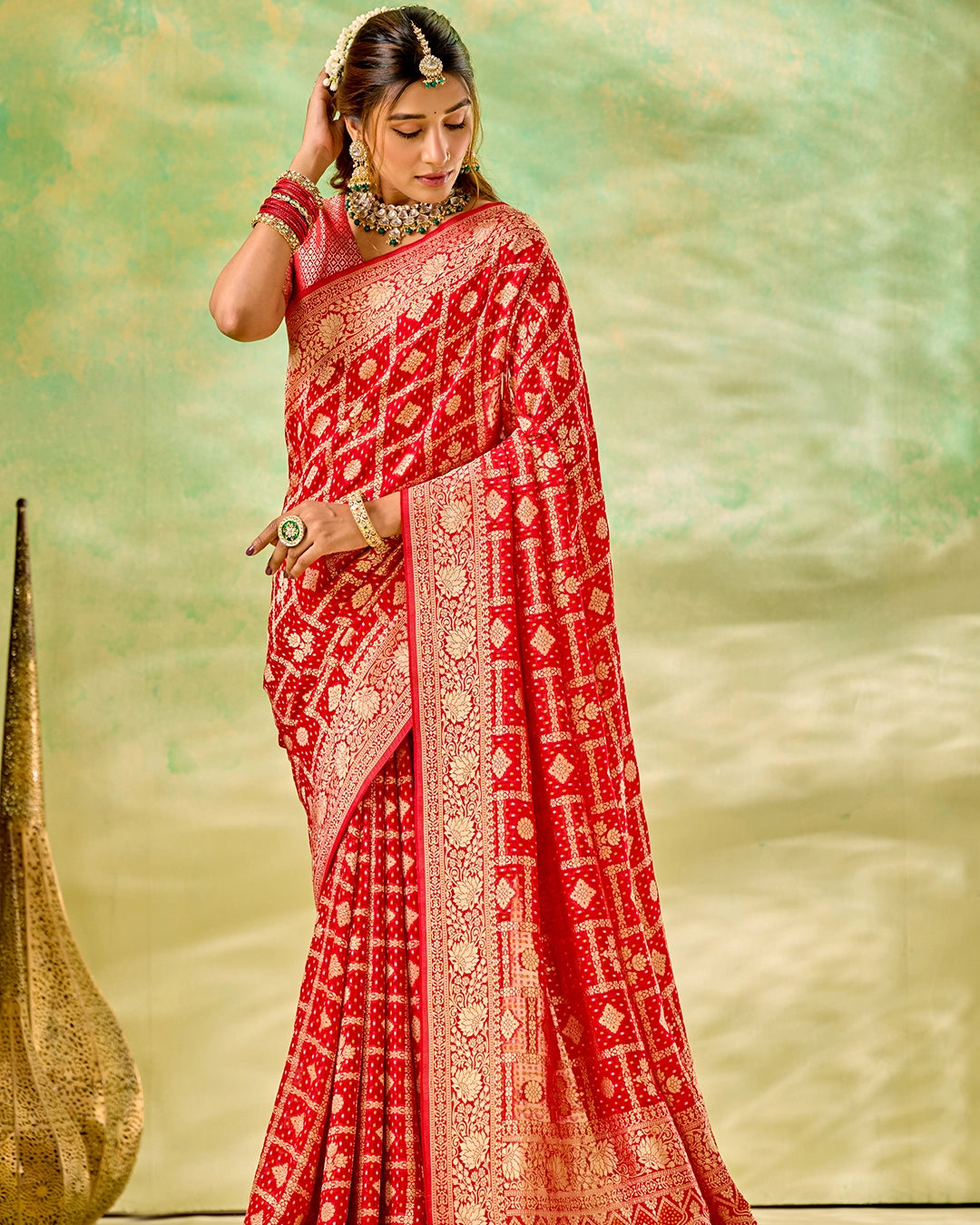Red Khaddi Georgette Bandhej Saree with Regal Geometric Weaves