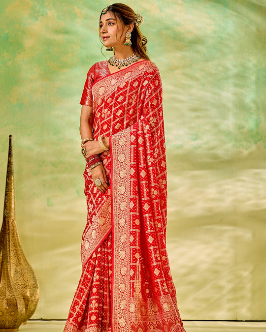 Red Khaddi Georgette Bandhej Saree with Regal Geometric Weaves