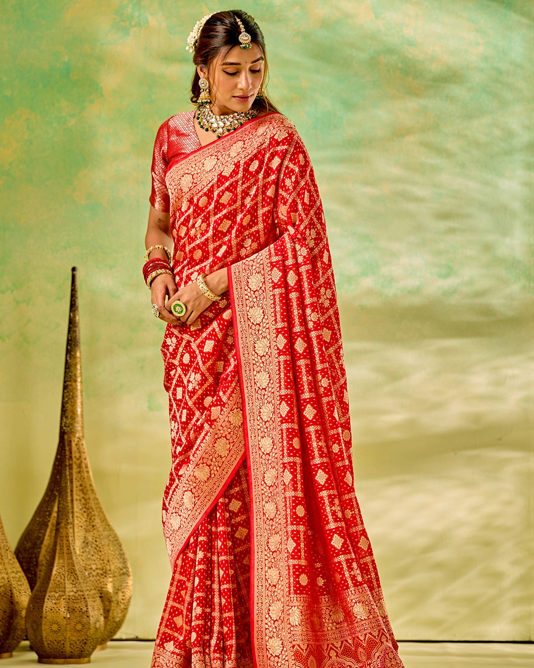 Red Khaddi Georgette Bandhej Saree with Regal Geometric Weaves