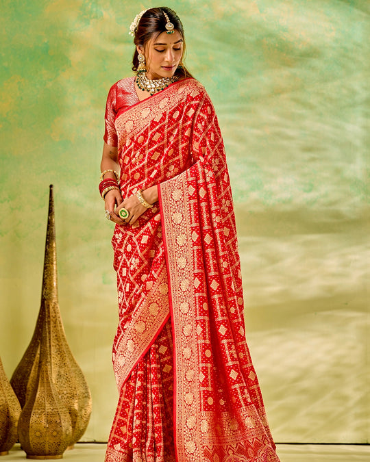 Red Khaddi Georgette Bandhej Saree with Regal Geometric Weaves