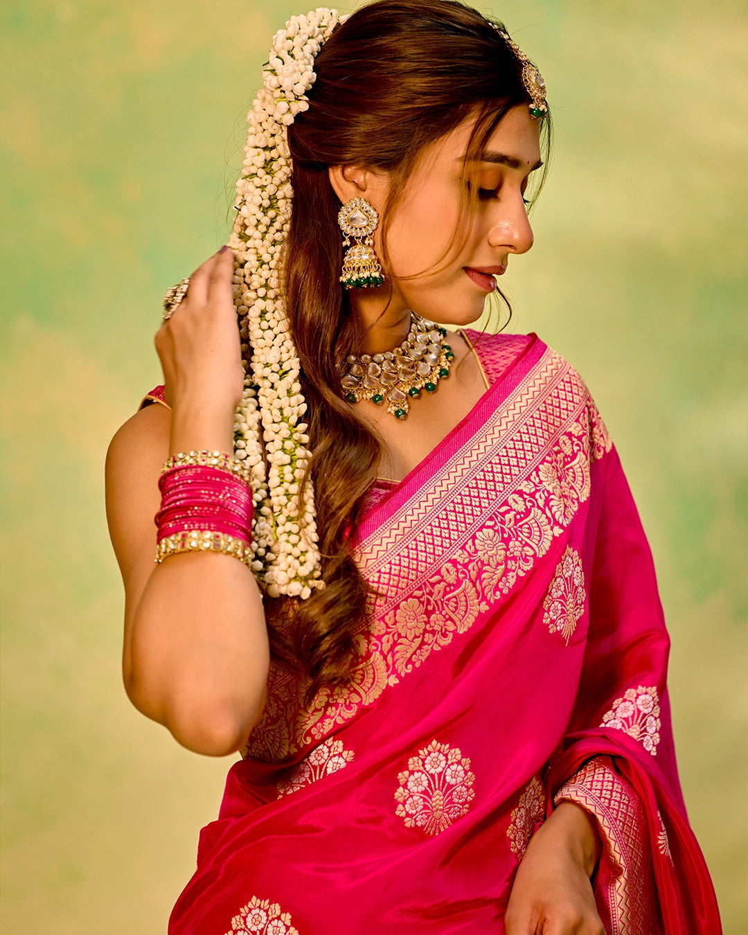 Rani Pink Banarasi Saree with Grand Floral Zari Weaves