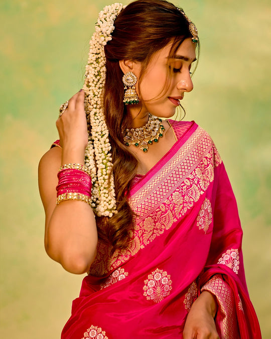 Rani Pink Banarasi Saree with Grand Floral Zari Weaves