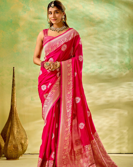 Rani Pink Banarasi Saree with Grand Floral Zari Weaves