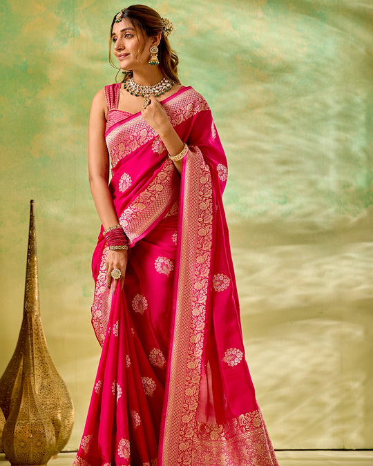 Rani Pink Banarasi Saree with Grand Floral Zari Weaves