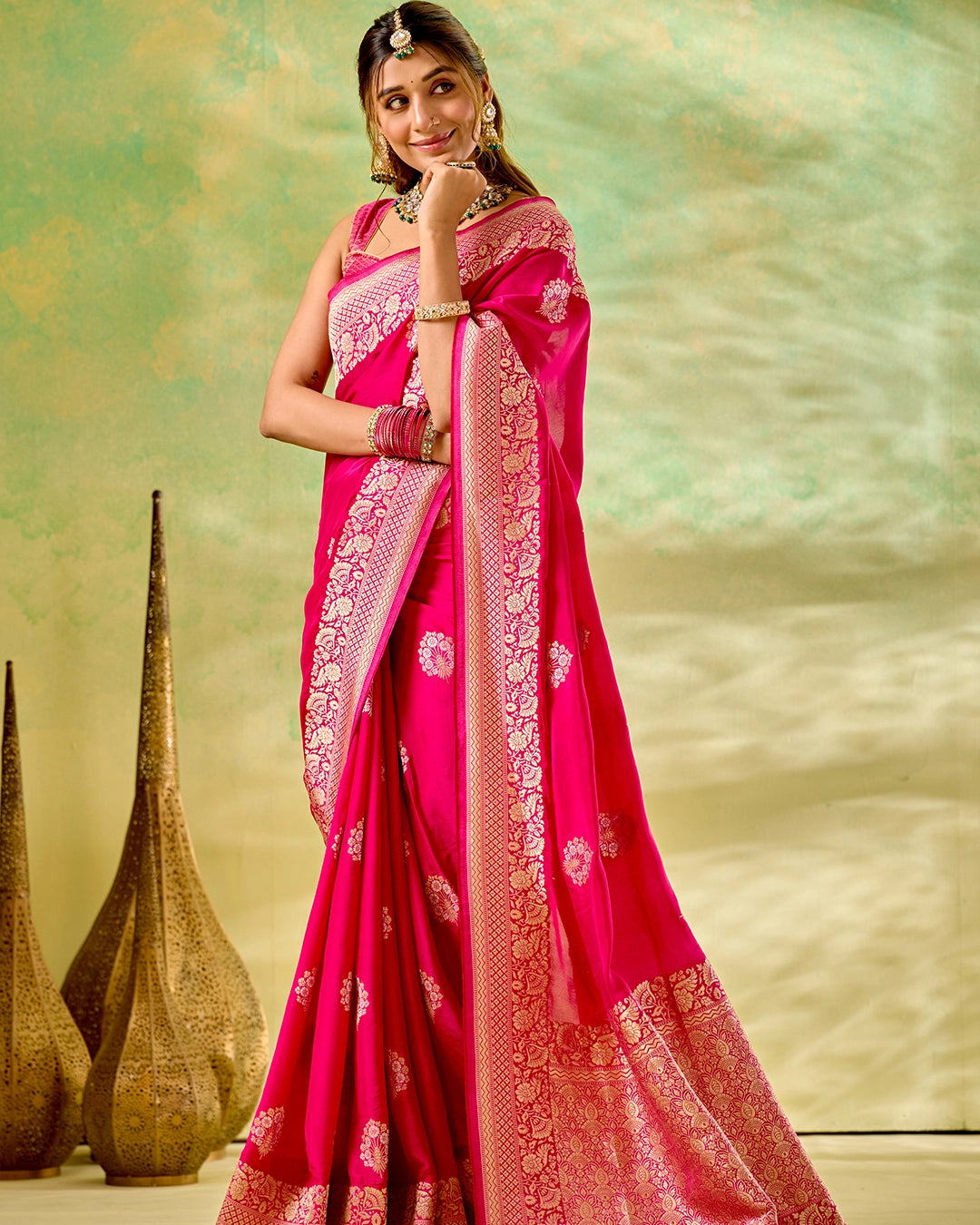 Rani Pink Banarasi Saree with Grand Floral Zari Weaves