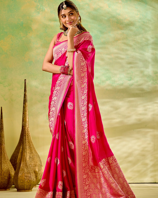 Rani Pink Banarasi Saree with Grand Floral Zari Weaves