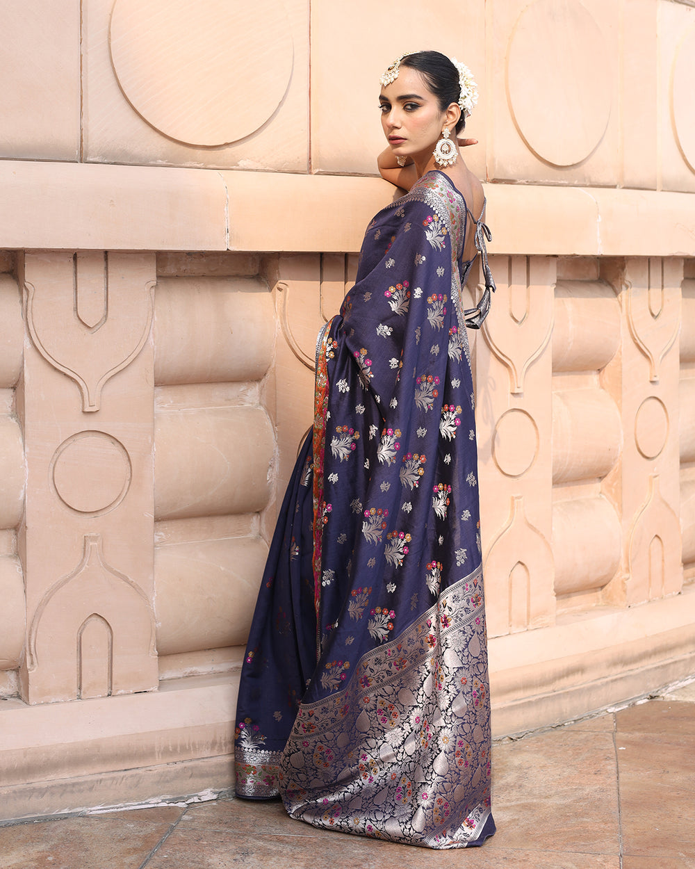 Royal Navy Pure Banarasi Silk Saree with Meenakari Accents and Timeless Floral Weaving