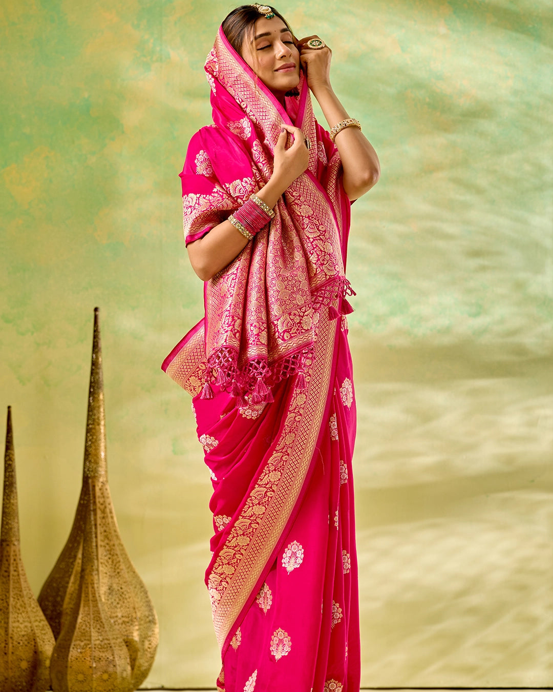 Rani Pink Banarasi Saree with Grand Floral Zari Weaves