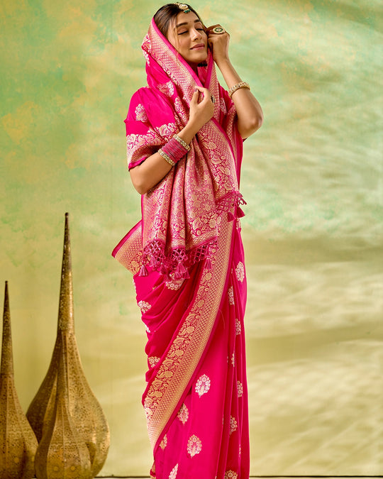Rani Pink Banarasi Saree with Grand Floral Zari Weaves
