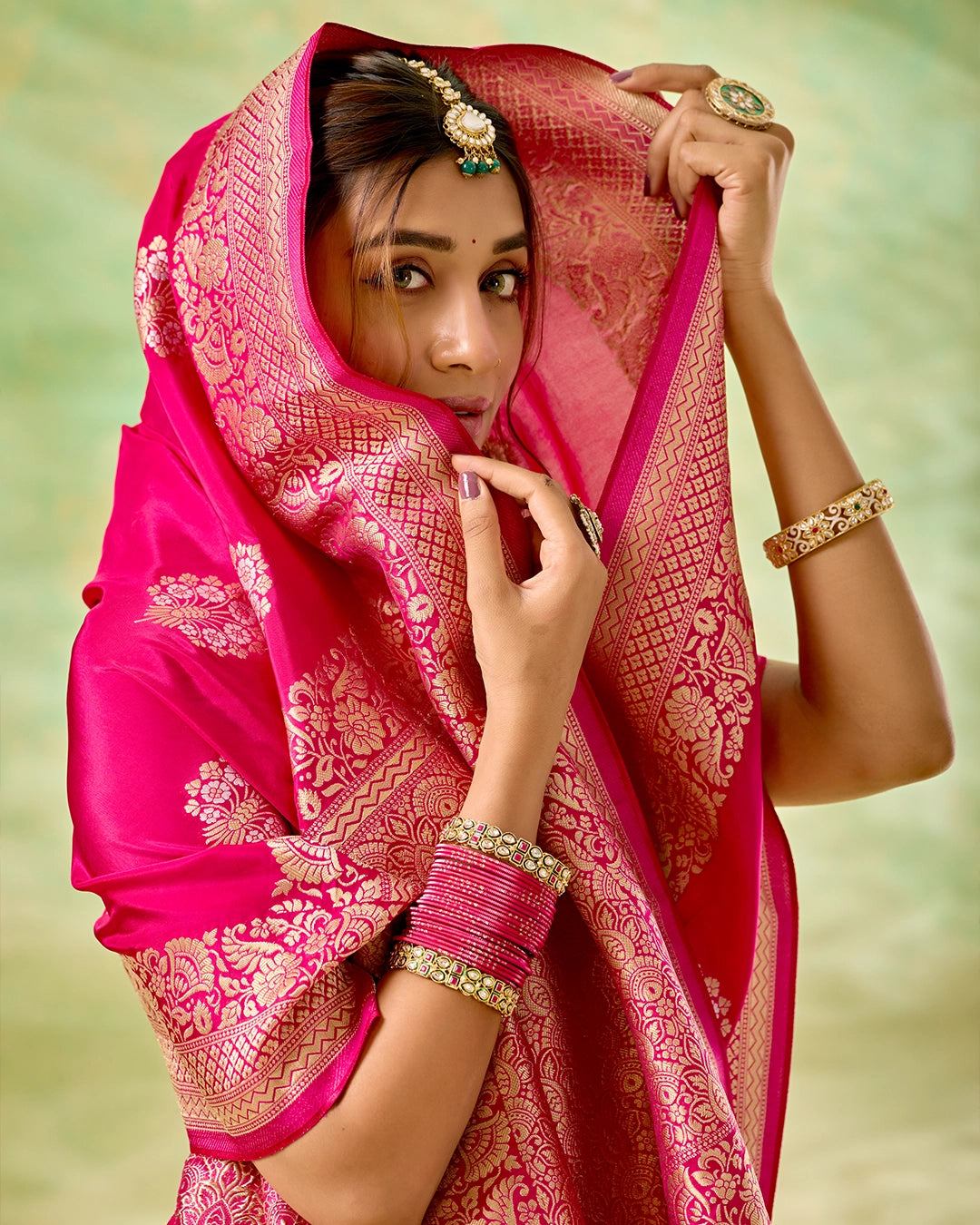 Rani Pink Banarasi Saree with Grand Floral Zari Weaves