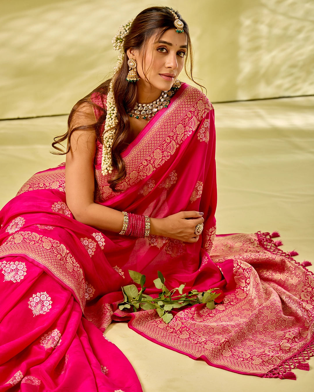 Rani Pink Banarasi Saree with Grand Floral Zari Weaves