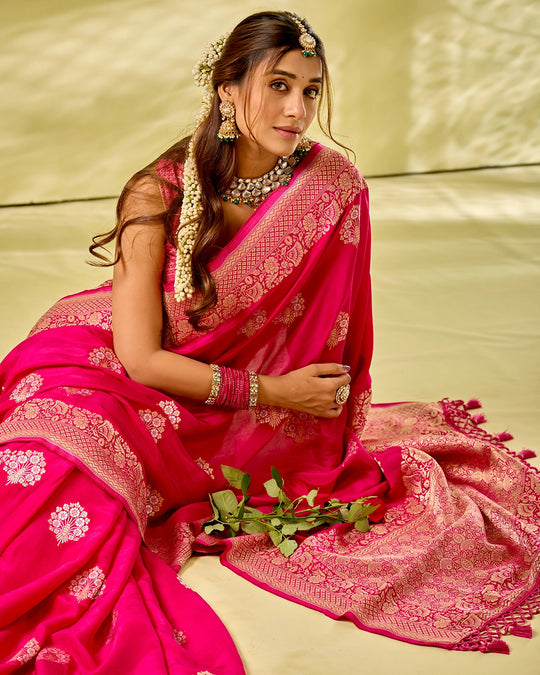 Rani Pink Banarasi Saree with Grand Floral Zari Weaves