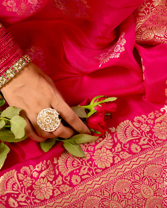 Rani Pink Banarasi Saree with Grand Floral Zari Weaves
