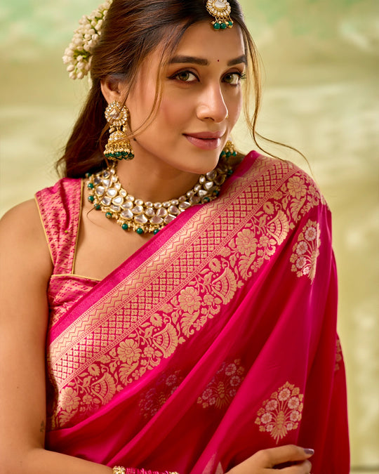 Rani Pink Banarasi Saree with Grand Floral Zari Weaves