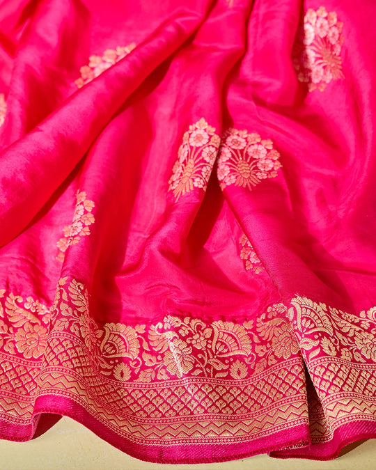 Rani Pink Banarasi Saree with Grand Floral Zari Weaves