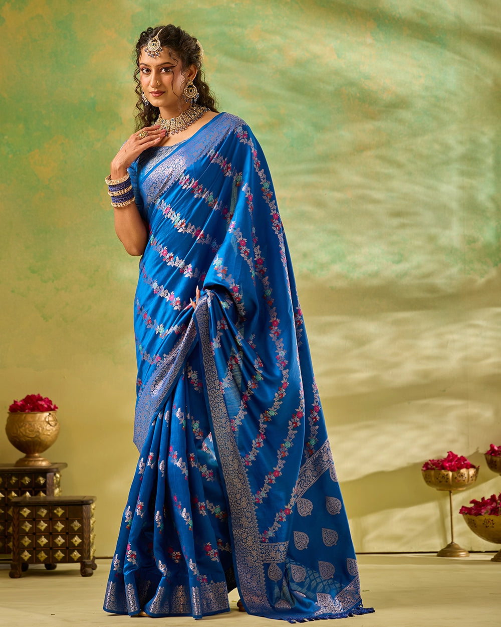 Blue Banarasi Saree with Floral Meenakari Weaves
