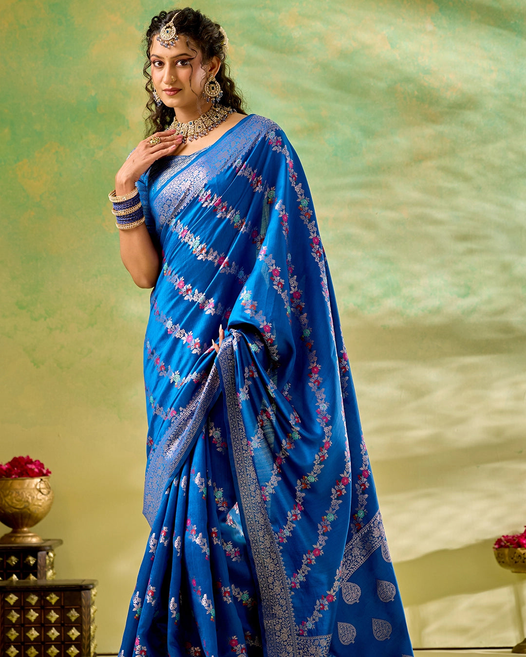 Blue Banarasi Saree with Floral Meenakari Weaves