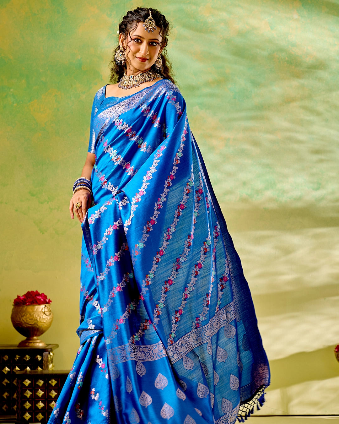 Blue Banarasi Saree with Floral Meenakari Weaves