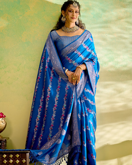 Blue Banarasi Saree with Floral Meenakari Weaves