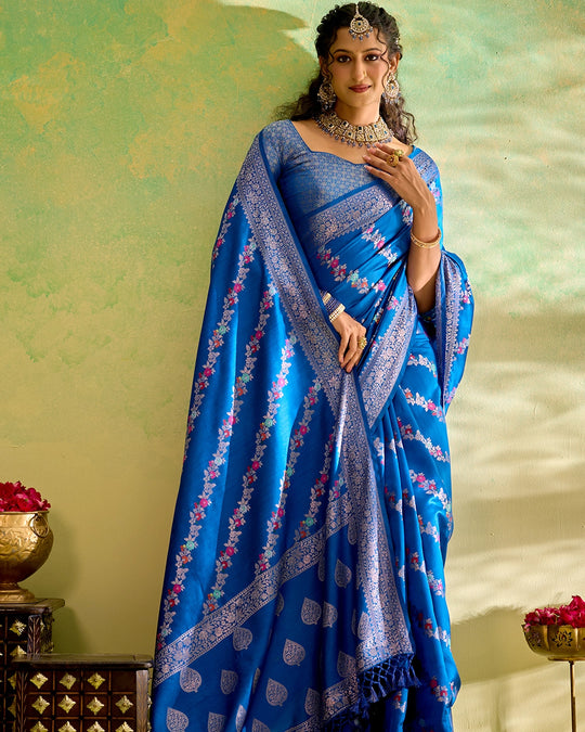 Blue Banarasi Saree with Floral Meenakari Weaves