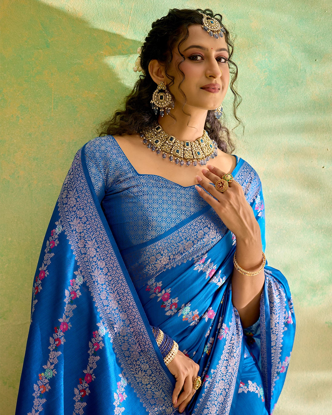 Blue Banarasi Saree with Floral Meenakari Weaves