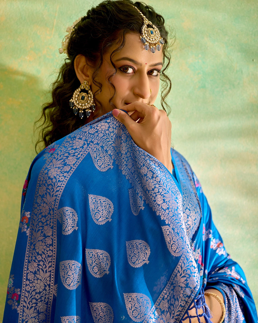 Blue Banarasi Saree with Floral Meenakari Weaves