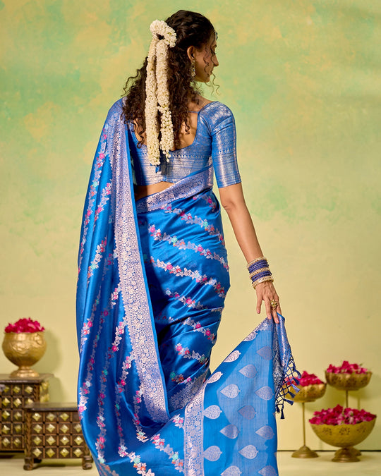Blue Banarasi Saree with Floral Meenakari Weaves