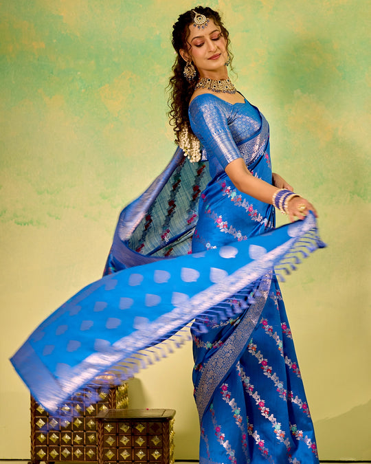 Blue Banarasi Saree with Floral Meenakari Weaves