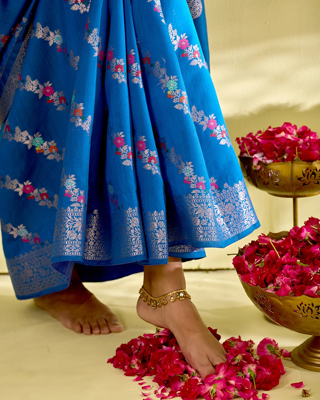 Blue Banarasi Saree with Floral Meenakari Weaves