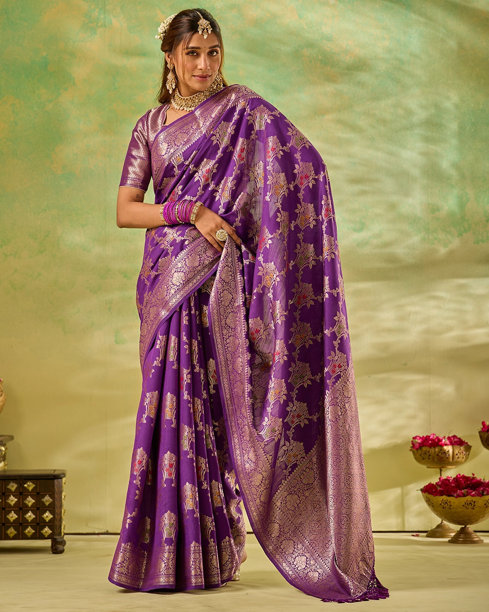 Purple Banarasi Saree with Regal Floral Bouquet Weaves