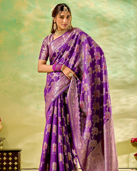 Purple Banarasi Saree with Regal Floral Bouquet Weaves