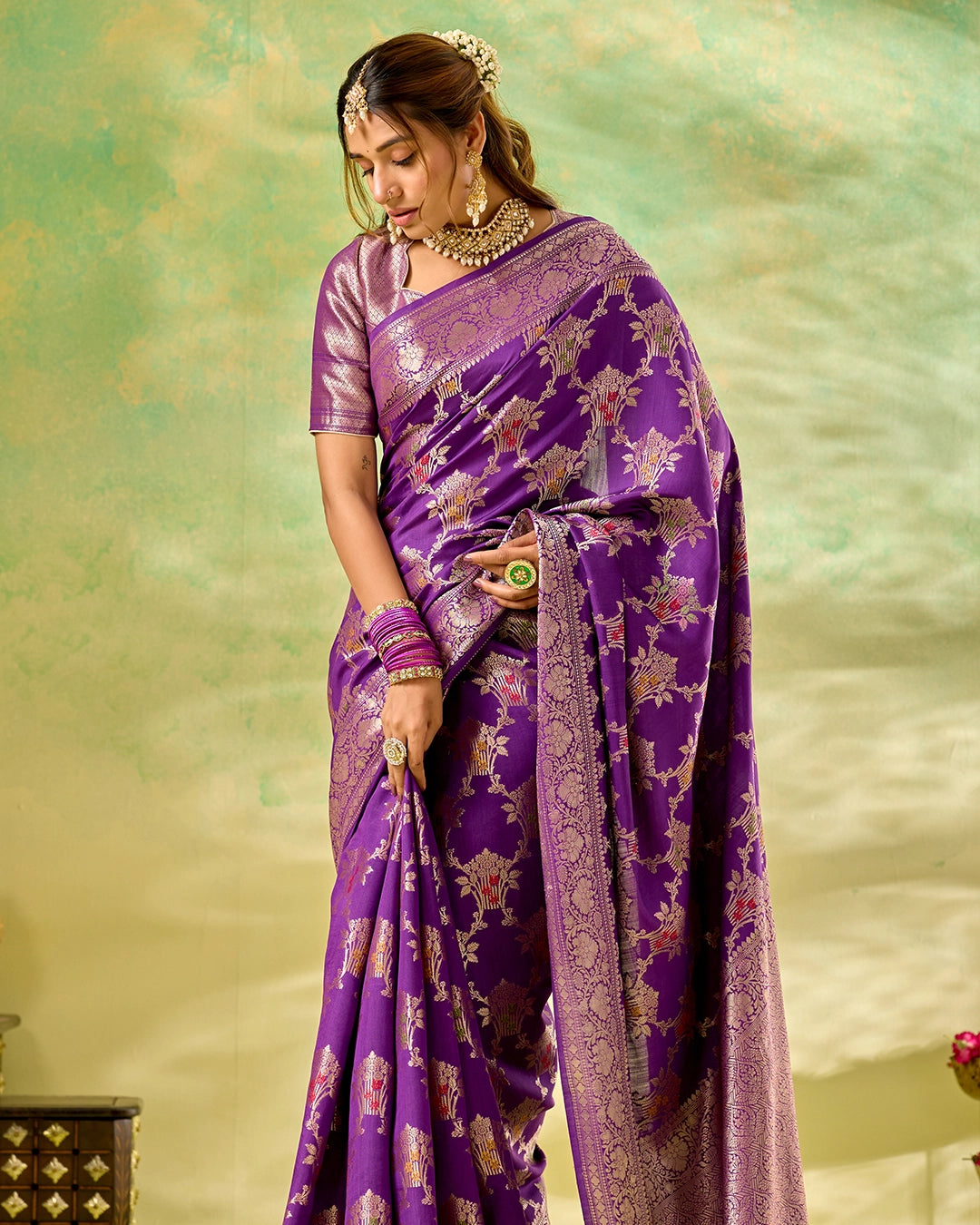 Purple Banarasi Saree with Regal Floral Bouquet Weaves
