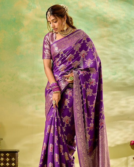 Purple Banarasi Saree with Regal Floral Bouquet Weaves