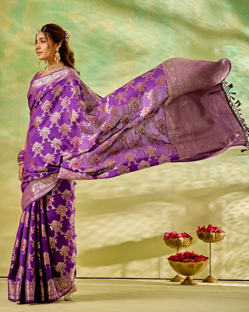 Purple Banarasi Saree with Regal Floral Bouquet Weaves