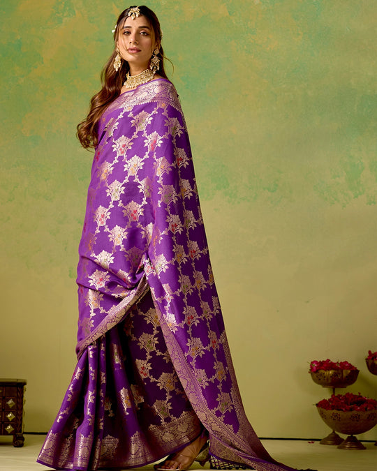 Purple Banarasi Saree with Regal Floral Bouquet Weaves