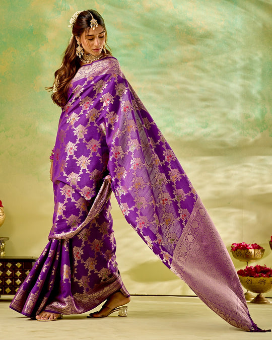 Purple Banarasi Saree with Regal Floral Bouquet Weaves