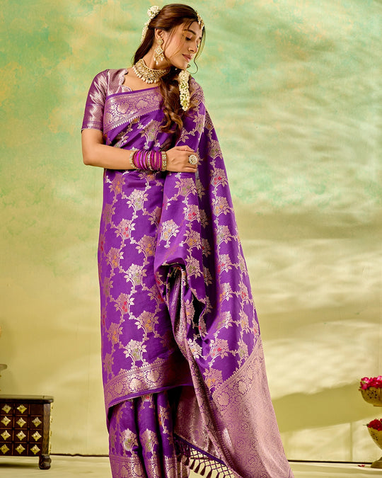 Purple Banarasi Saree with Regal Floral Bouquet Weaves