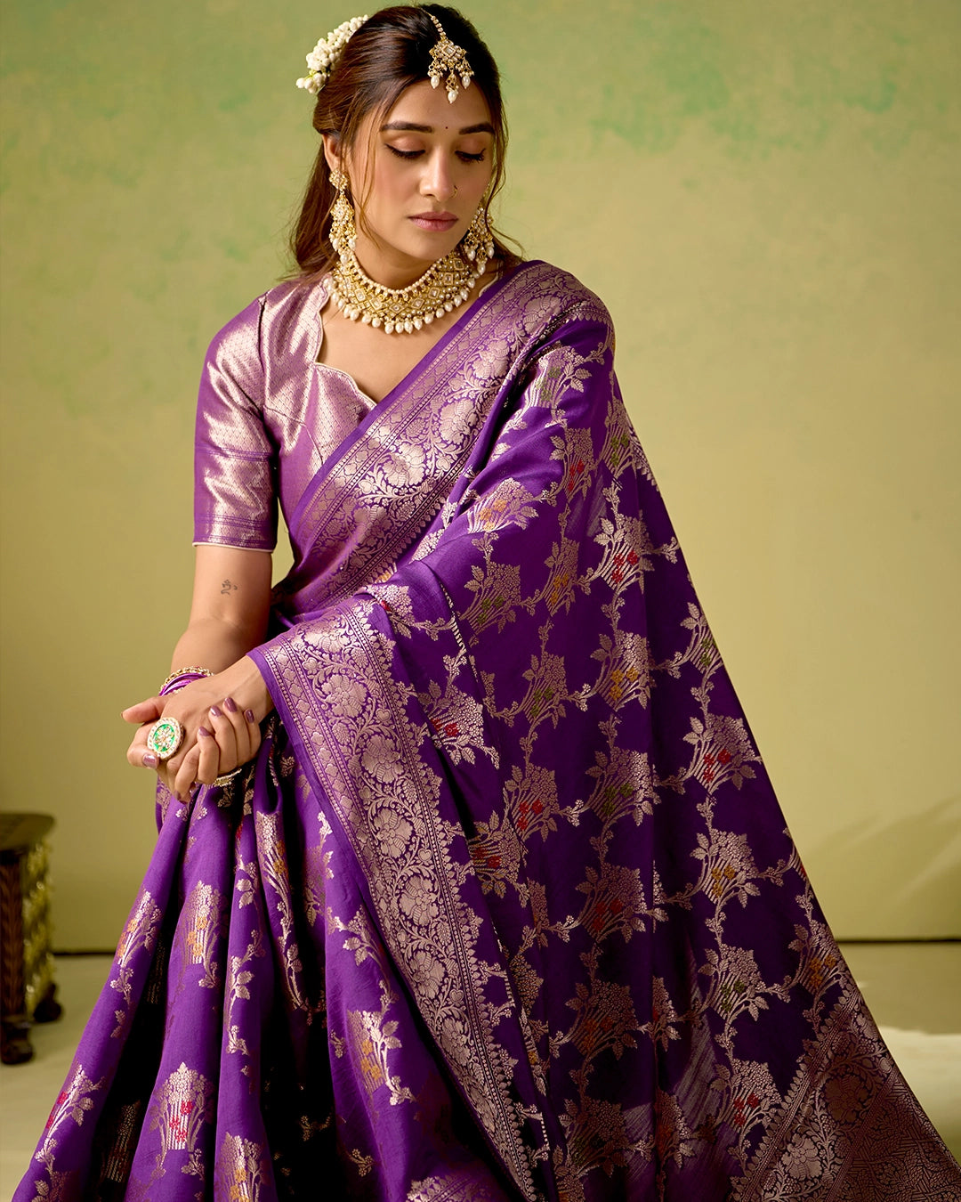 Purple Banarasi Saree with Regal Floral Bouquet Weaves
