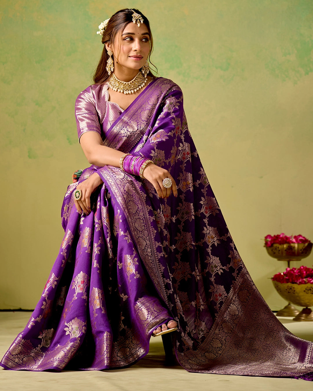 Purple Banarasi Saree with Regal Floral Bouquet Weaves