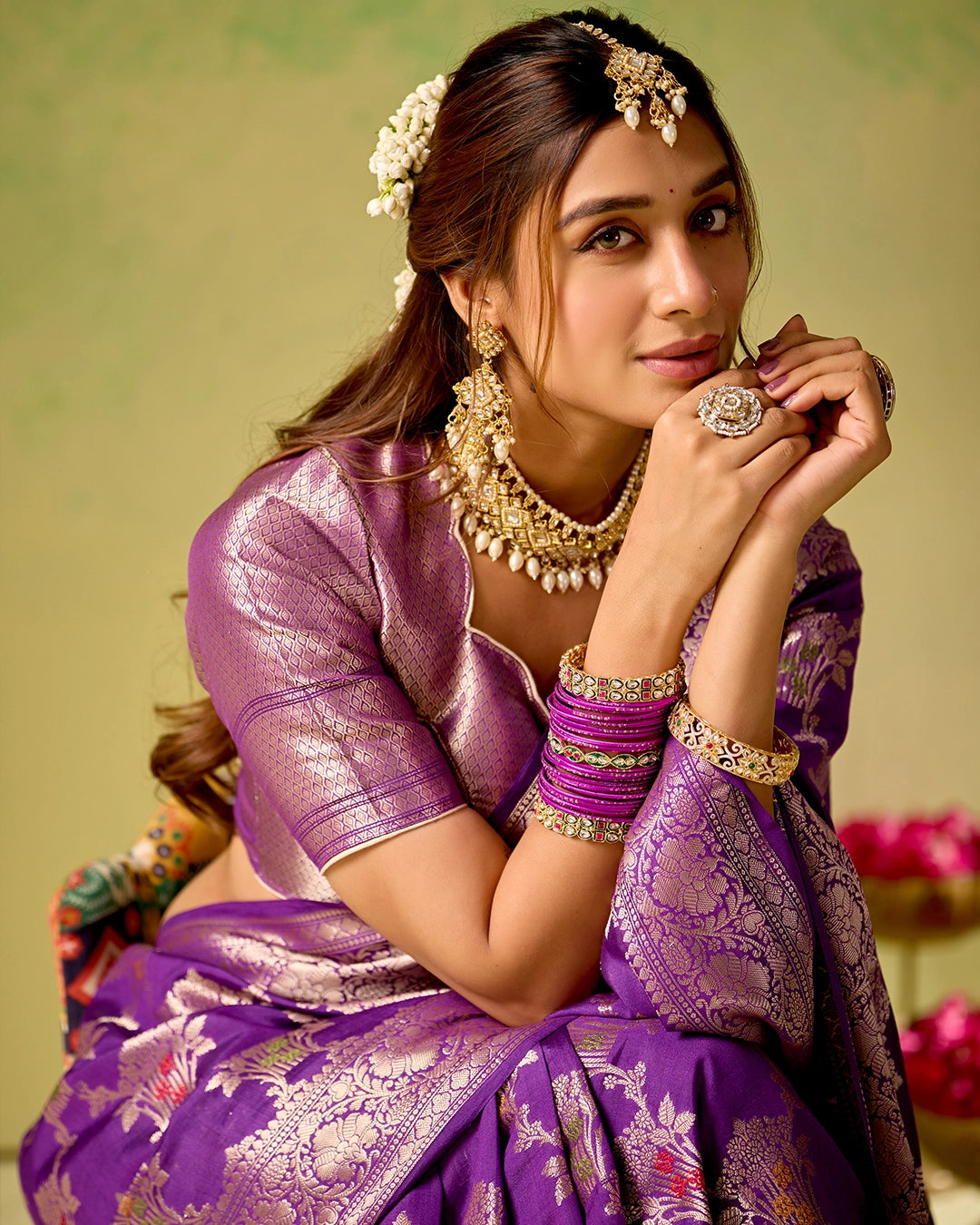 Purple Banarasi Saree with Regal Floral Bouquet Weaves
