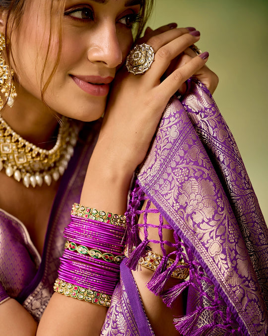 Purple Banarasi Saree with Regal Floral Bouquet Weaves