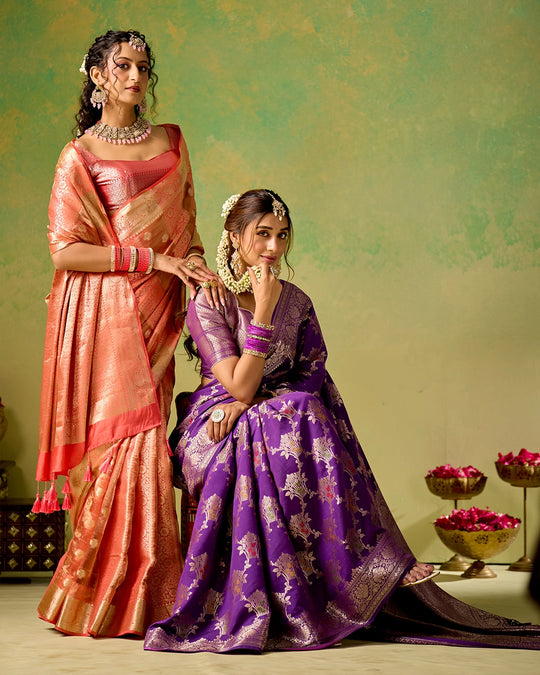 Coral Pink Banarasi and Tissue Saree with Timeless Butidar Stripe Weaves