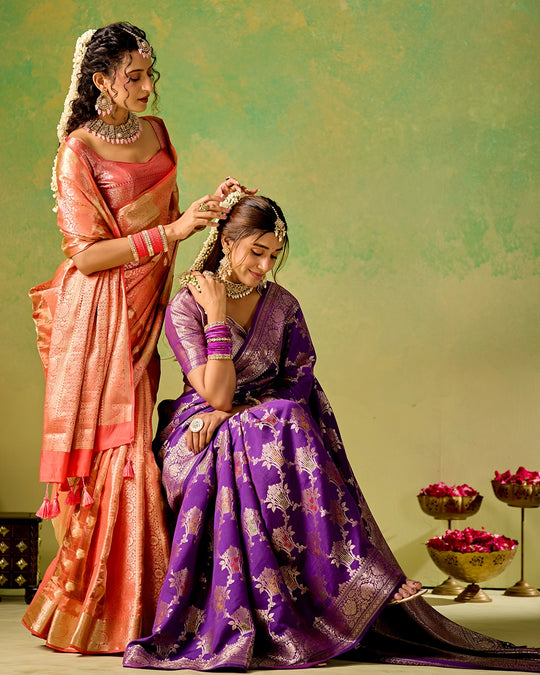 Purple Banarasi Saree with Regal Floral Bouquet Weaves
