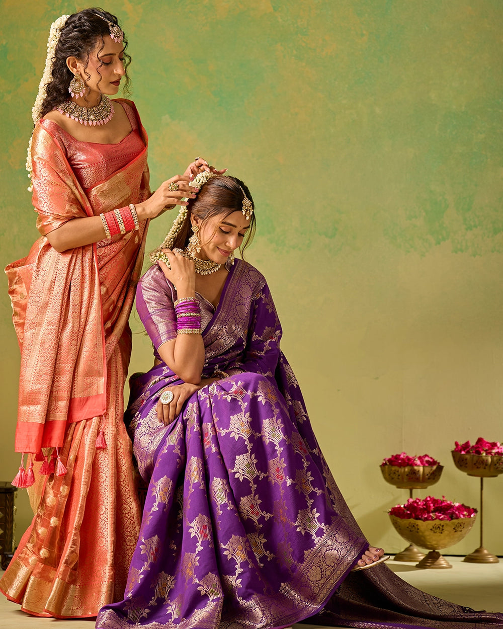 Coral Pink Banarasi and Tissue Saree with Timeless Butidar Stripe Weaves