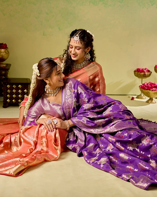 Coral Pink Banarasi and Tissue Saree with Timeless Butidar Stripe Weaves